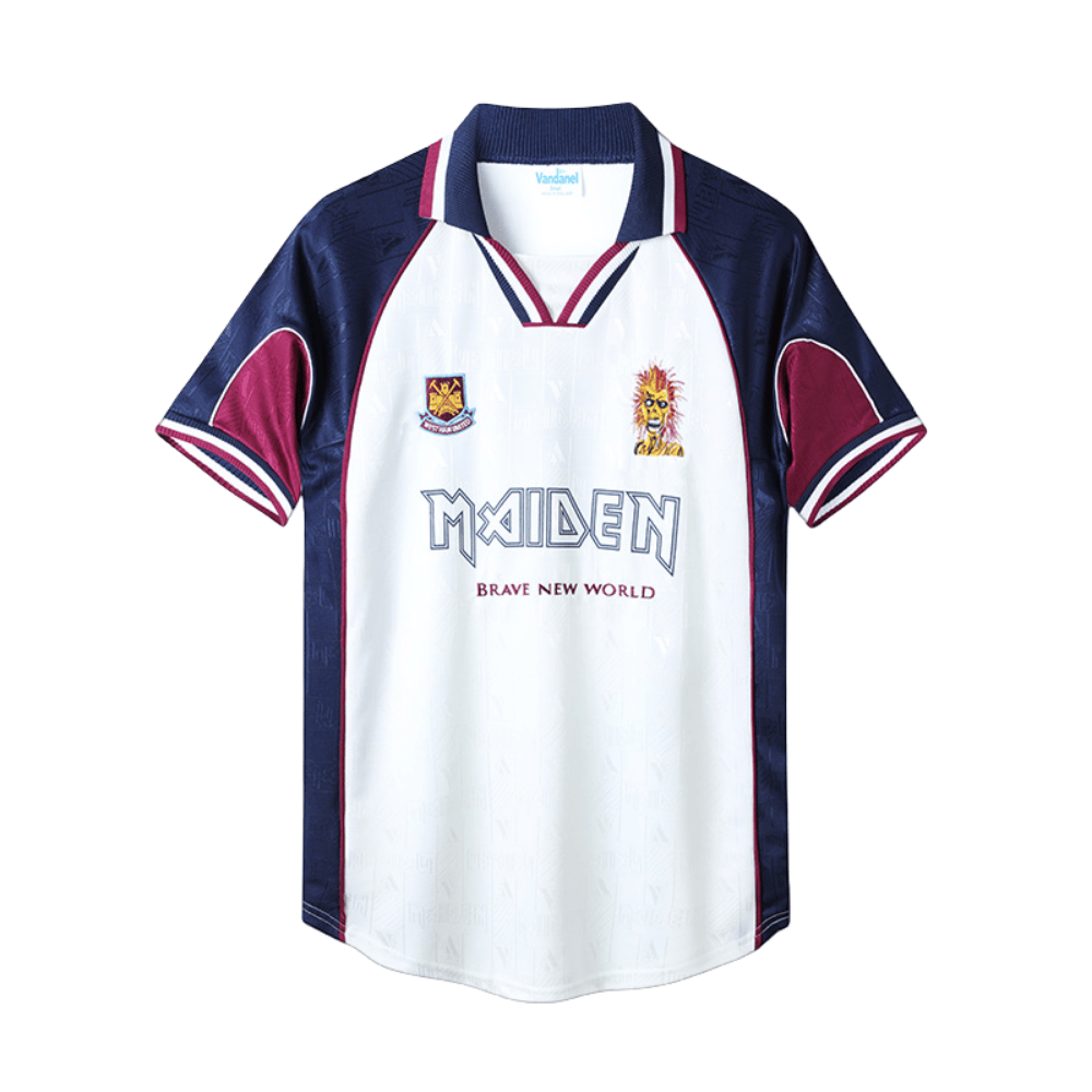 Camisa Futebol Retrô Collab West Ham x Iron Maiden 1999/2001 Torcedor Branca e Azul Masculina