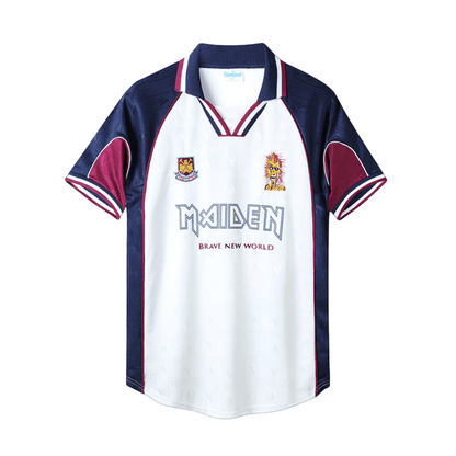 Camisa Futebol Retrô Collab West Ham x Iron Maiden 1999/2001 Torcedor Branca e Azul Masculina